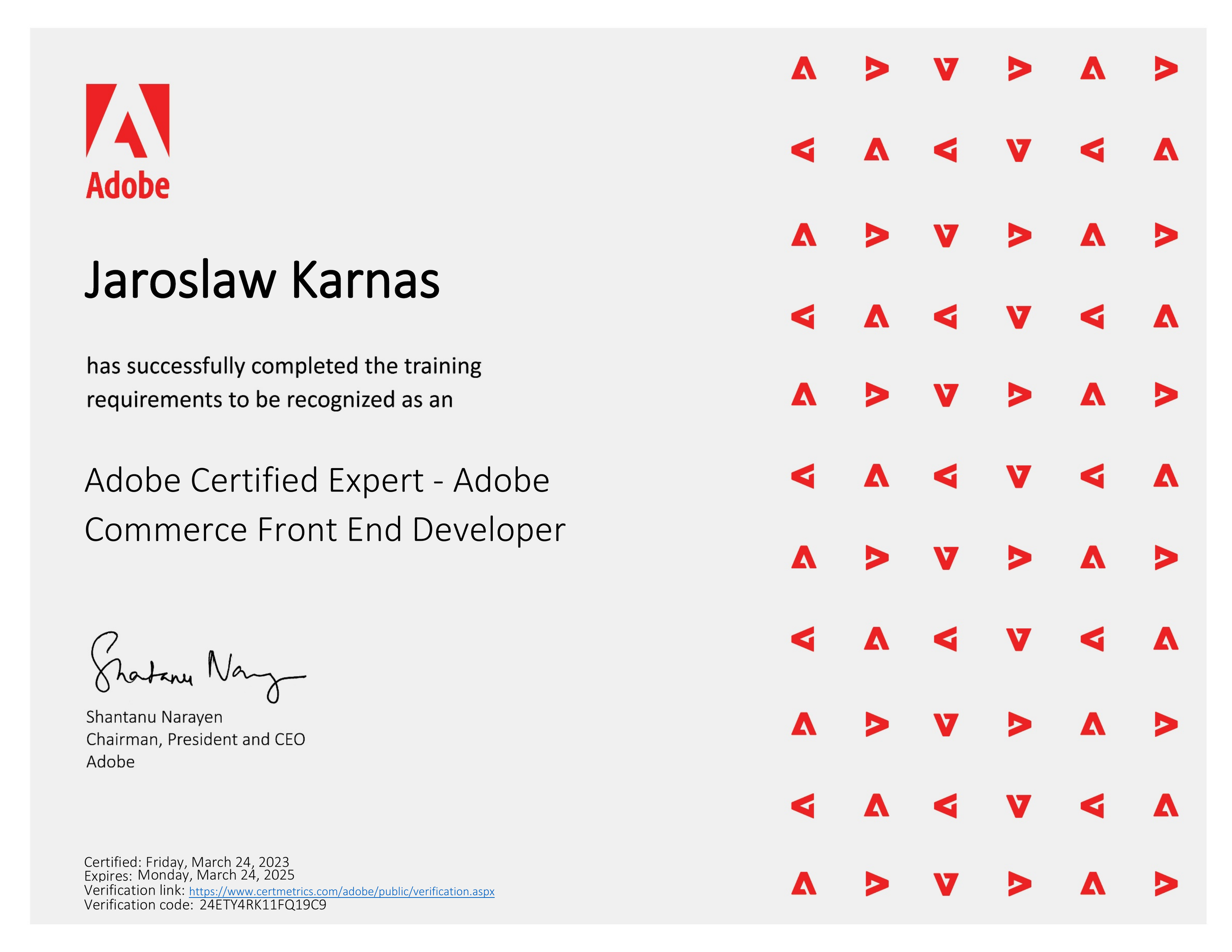 Adobe Certified Expert – Adobe Commerce Front End Developer, issued to Jaroslaw Karnas, 24 March 2023